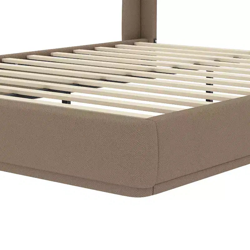 Lit plateforme capitonné Queen avec tête de lit à oreilles – Beige/Marron, 2 places