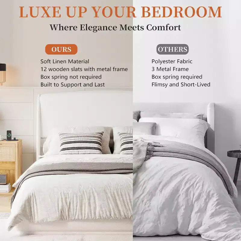 Lit plateforme capitonné Queen avec tête de lit à oreilles – Beige/Marron, 2 places