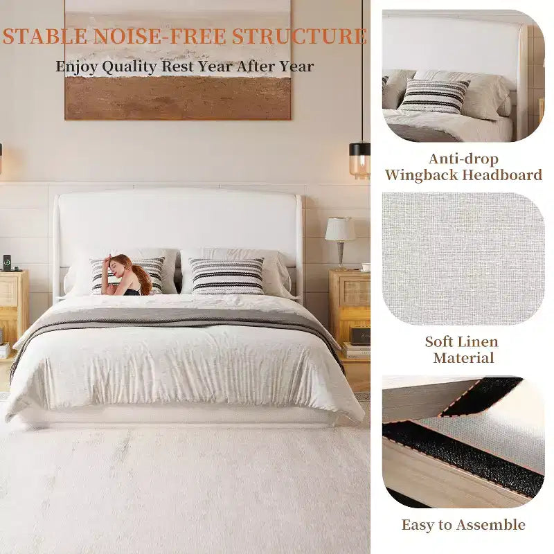 Lit plateforme capitonné Queen avec tête de lit à oreilles – Beige/Marron, 2 places