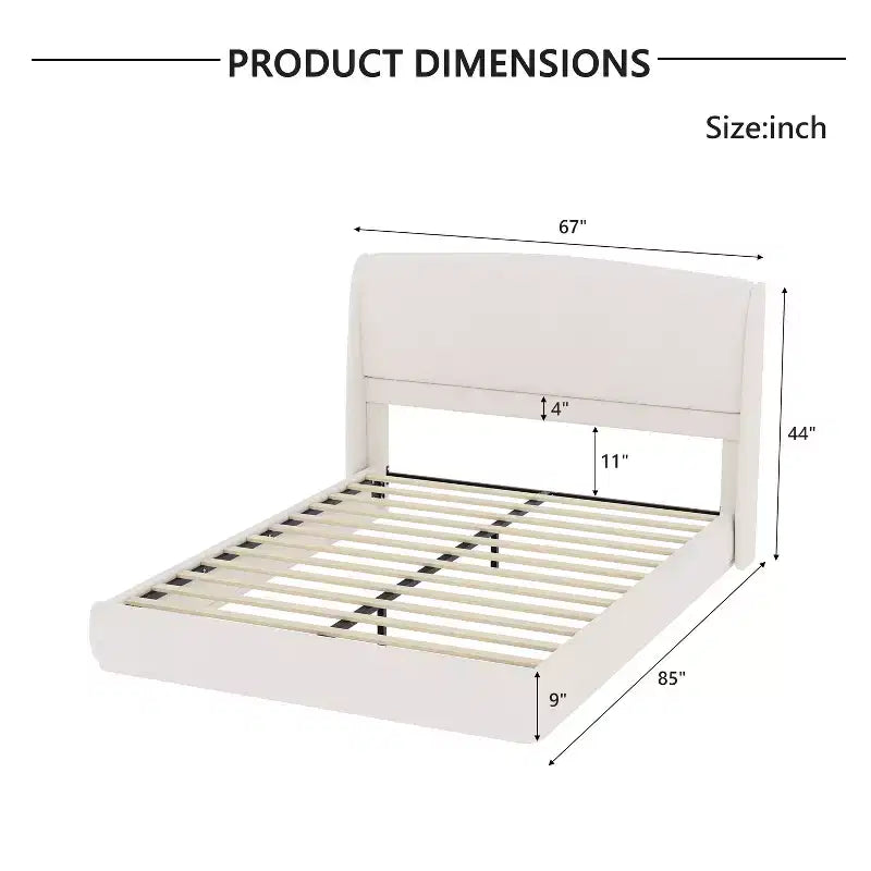 Lit plateforme capitonné Queen avec tête de lit à oreilles – Beige/Marron, 2 places