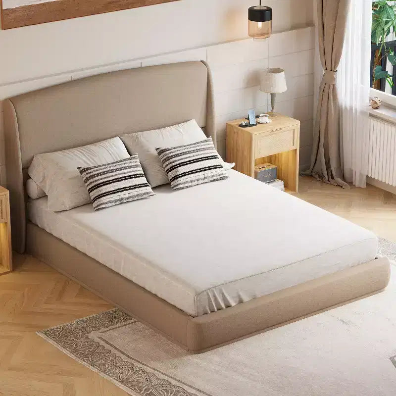 Lit plateforme capitonné Queen avec tête de lit à oreilles – Beige/Marron, 2 places