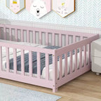 Lit double au sol avec clôture et porte – Espresso / Gris / Naturel / Rose / Blanc, pour 1 enfant
