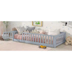 Lit double au sol avec clôture et porte – Espresso / Gris / Naturel / Rose / Blanc, pour 1 enfant