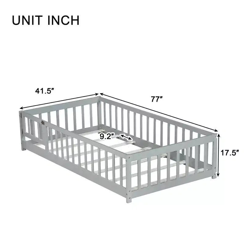 Lit double au sol avec clôture et porte – Espresso / Gris / Naturel / Rose / Blanc, pour 1 enfant