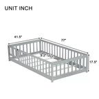 Lit double au sol avec clôture et porte – Espresso / Gris / Naturel / Rose / Blanc, pour 1 enfant