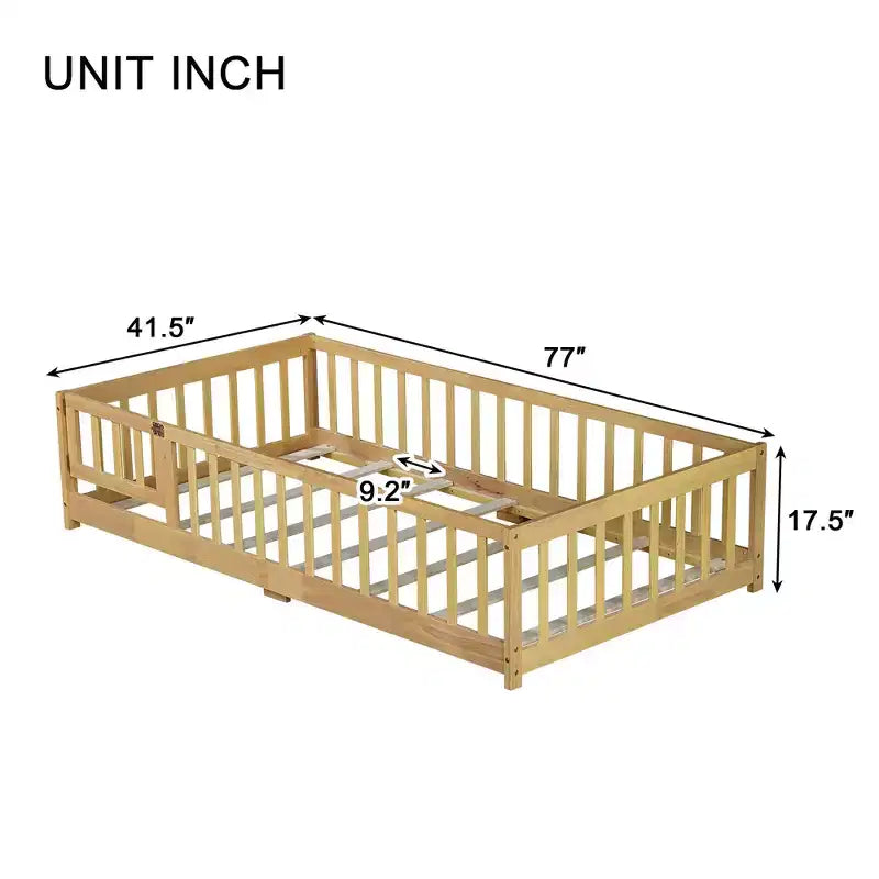 Lit double au sol avec clôture et porte – Espresso / Gris / Naturel / Rose / Blanc, pour 1 enfant