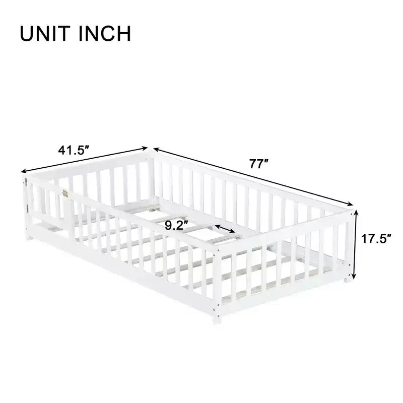 Lit double au sol avec clôture et porte – Espresso / Gris / Naturel / Rose / Blanc, pour 1 enfant