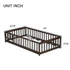 Lit double au sol avec clôture et porte – Espresso / Gris / Naturel / Rose / Blanc, pour 1 enfant