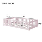Lit double au sol avec clôture et porte – Espresso / Gris / Naturel / Rose / Blanc, pour 1 enfant
