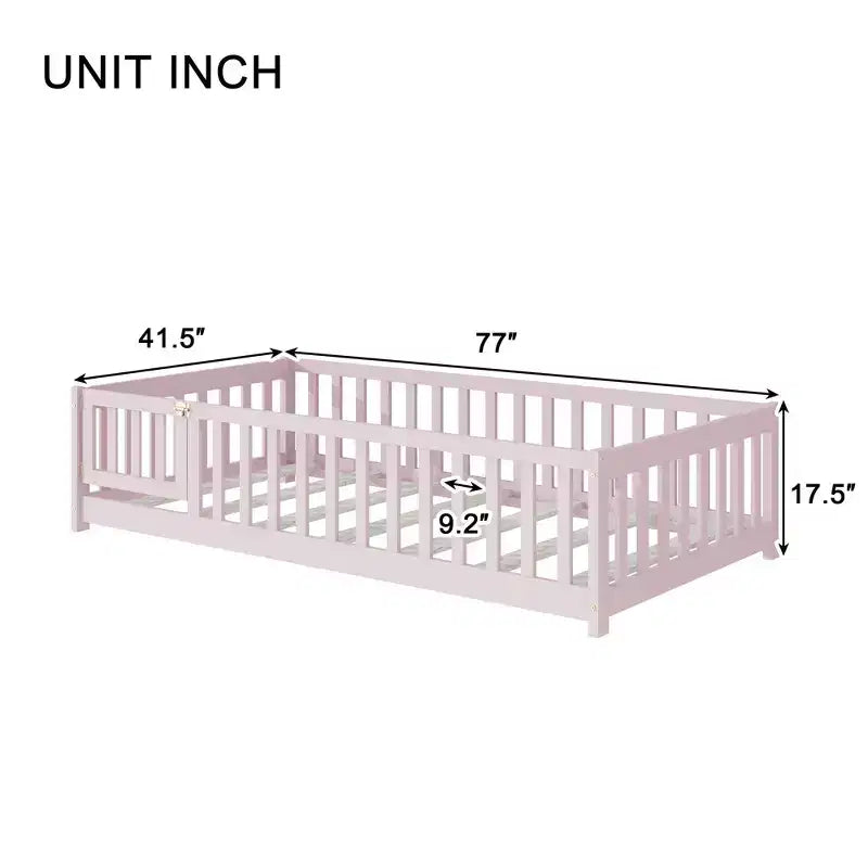 Lit double au sol avec clôture et porte – Espresso / Gris / Naturel / Rose / Blanc, pour 1 enfant