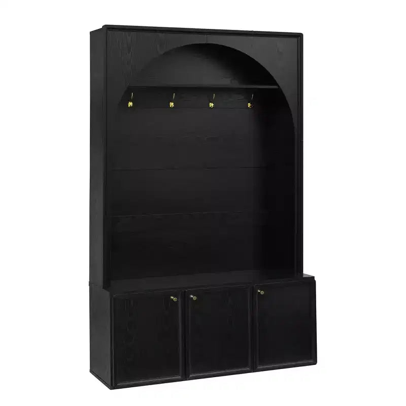 Meuble d'entrée / Vestiaire noir / naturel / noyer avec banc, patères et rangement – 1 unité