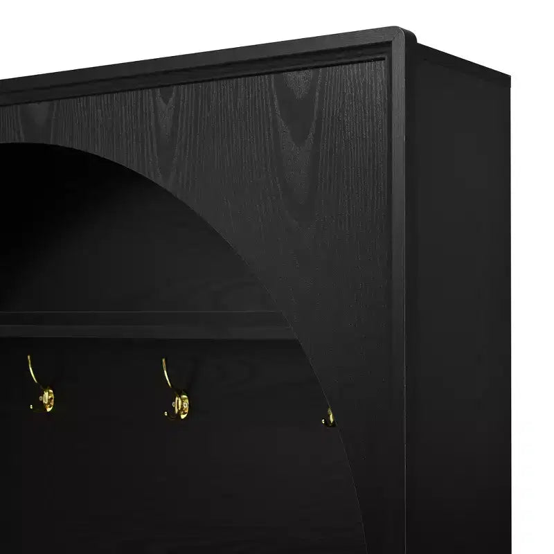 Meuble d'entrée / Vestiaire noir / naturel / noyer avec banc, patères et rangement – 1 unité
