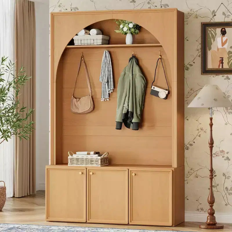 Meuble d'entrée / Vestiaire noir / naturel / noyer avec banc, patères et rangement – 1 unité