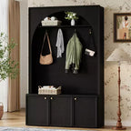 Meuble d'entrée / Vestiaire noir / naturel / noyer avec banc, patères et rangement – 1 unité