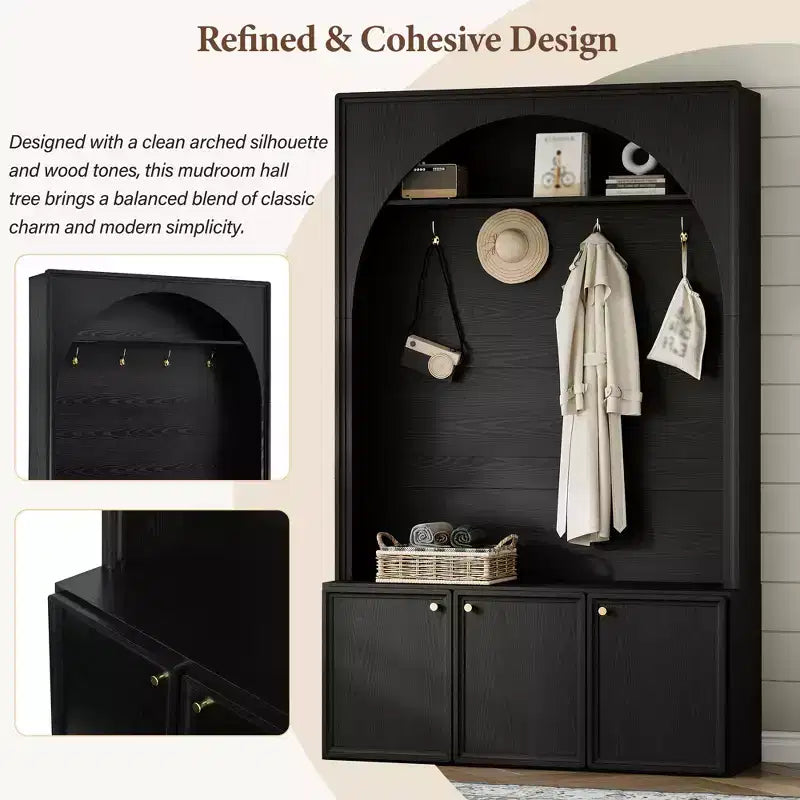 Meuble d'entrée / Vestiaire noir / naturel / noyer avec banc, patères et rangement – 1 unité