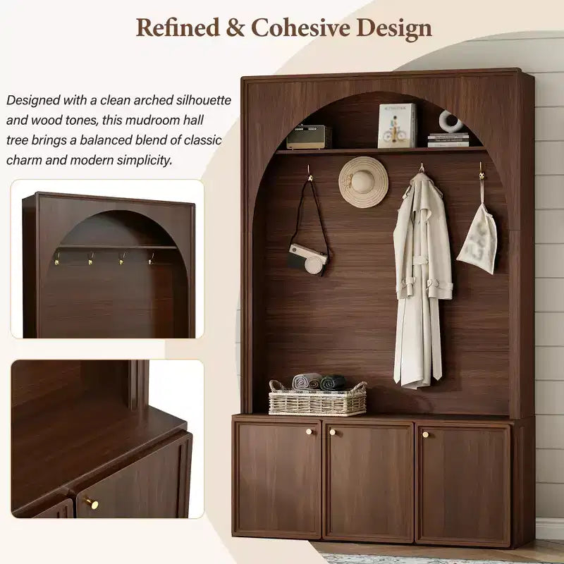 Meuble d'entrée / Vestiaire noir / naturel / noyer avec banc, patères et rangement – 1 unité