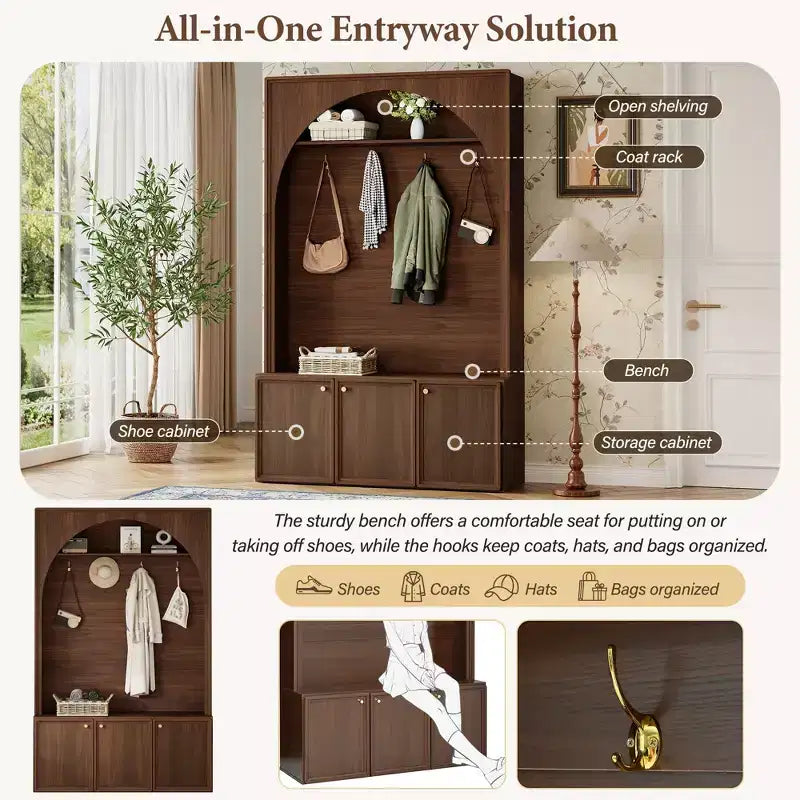 Meuble d'entrée / Vestiaire noir / naturel / noyer avec banc, patères et rangement – 1 unité