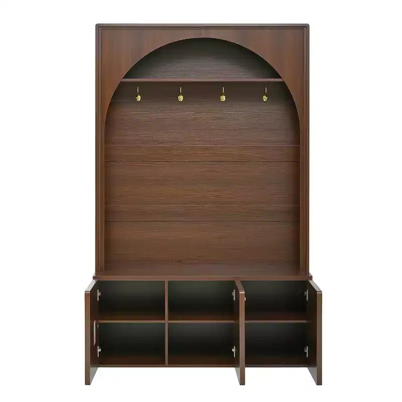 Meuble d'entrée / Vestiaire noir / naturel / noyer avec banc, patères et rangement – 1 unité
