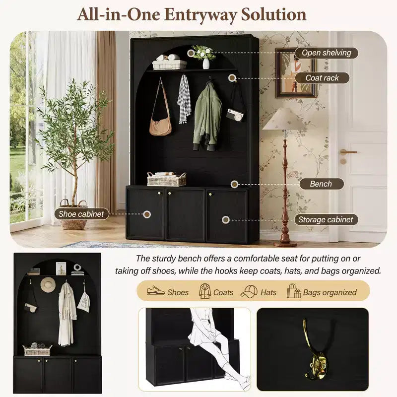 Meuble d'entrée / Vestiaire noir / naturel / noyer avec banc, patères et rangement – 1 unité
