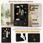 Meuble d'entrée / Vestiaire noir / naturel / noyer avec banc, patères et rangement – 1 unité