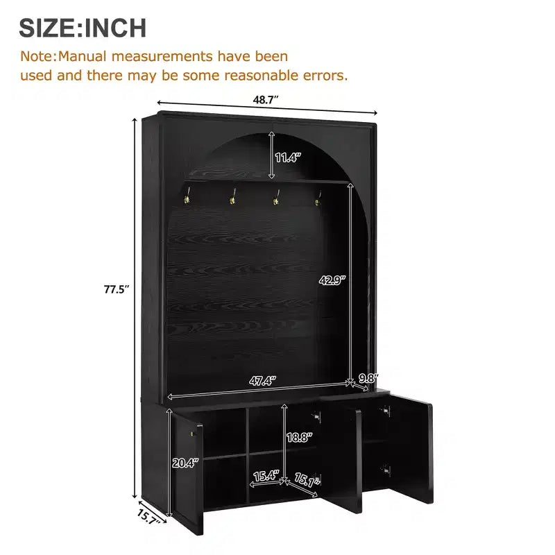 Meuble d'entrée / Vestiaire noir / naturel / noyer avec banc, patères et rangement – 1 unité