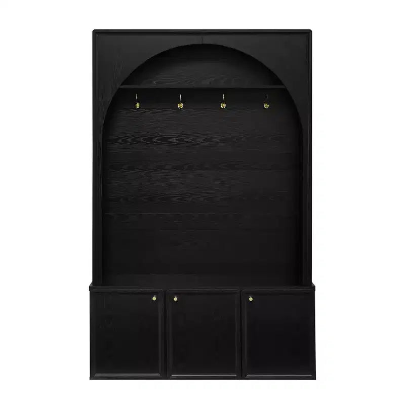 Meuble d'entrée / Vestiaire noir / naturel / noyer avec banc, patères et rangement – 1 unité