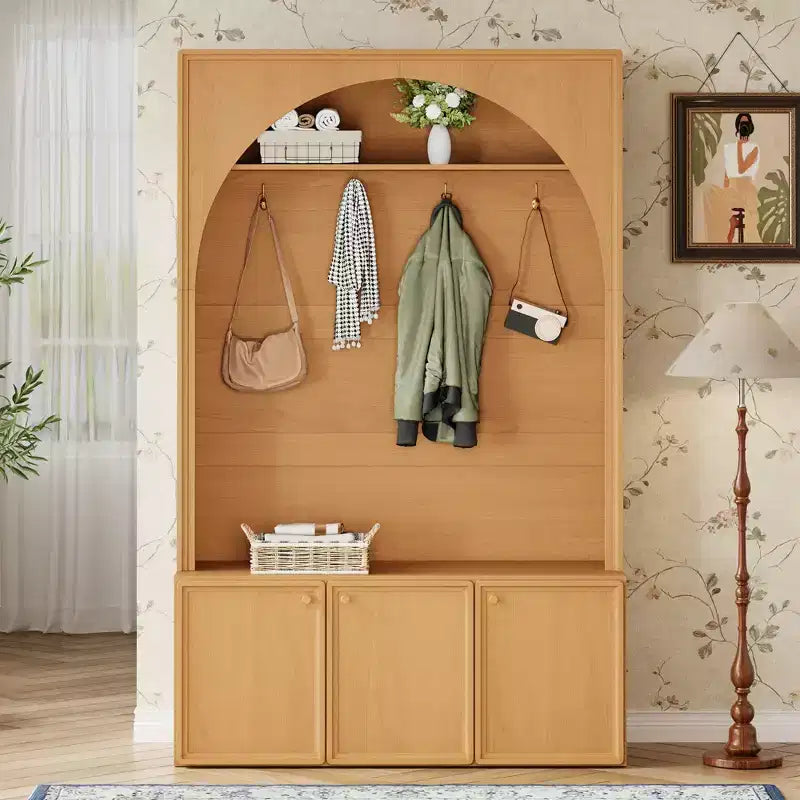 Meuble d'entrée / Vestiaire noir / naturel / noyer avec banc, patères et rangement – 1 unité