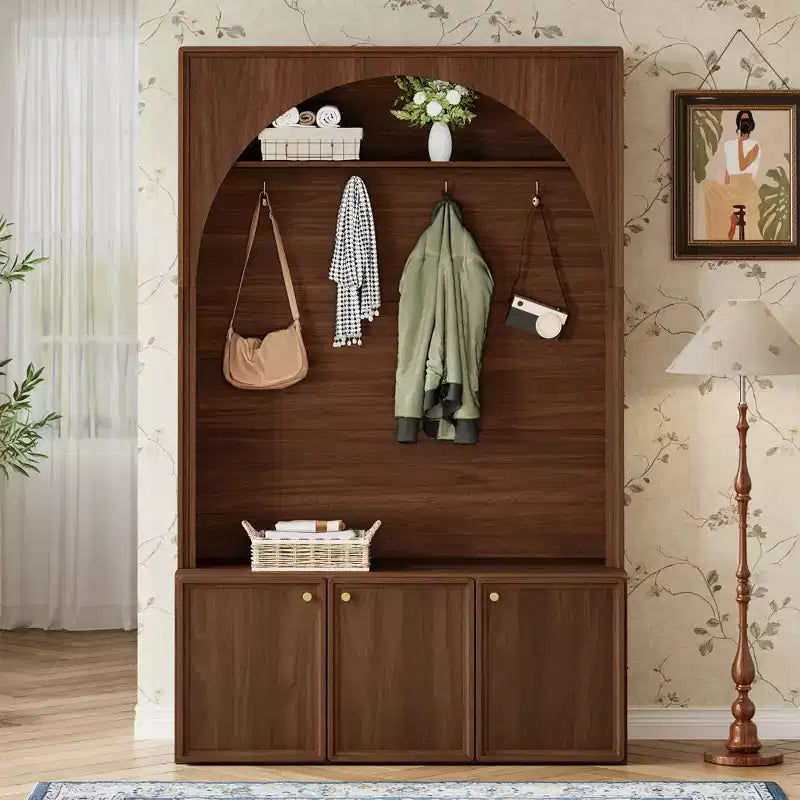 Meuble d'entrée / Vestiaire noir / naturel / noyer avec banc, patères et rangement – 1 unité