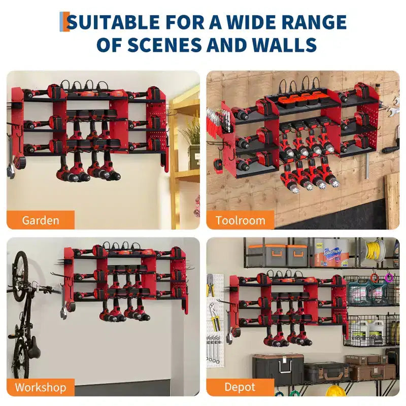 Support de rangement mural pour outils, rouge et noir, 3-4 niveaux, 4-8 fentes pour perceuses, utilisateur unique
