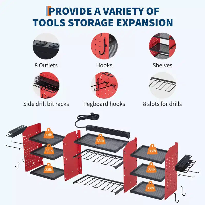 Support de rangement mural pour outils, rouge et noir, 3-4 niveaux, 4-8 fentes pour perceuses, utilisateur unique