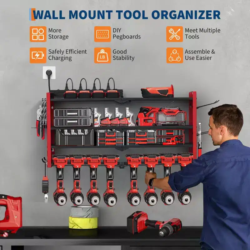 Support de rangement mural pour outils, rouge et noir, 3-4 niveaux, 4-8 fentes pour perceuses, utilisateur unique