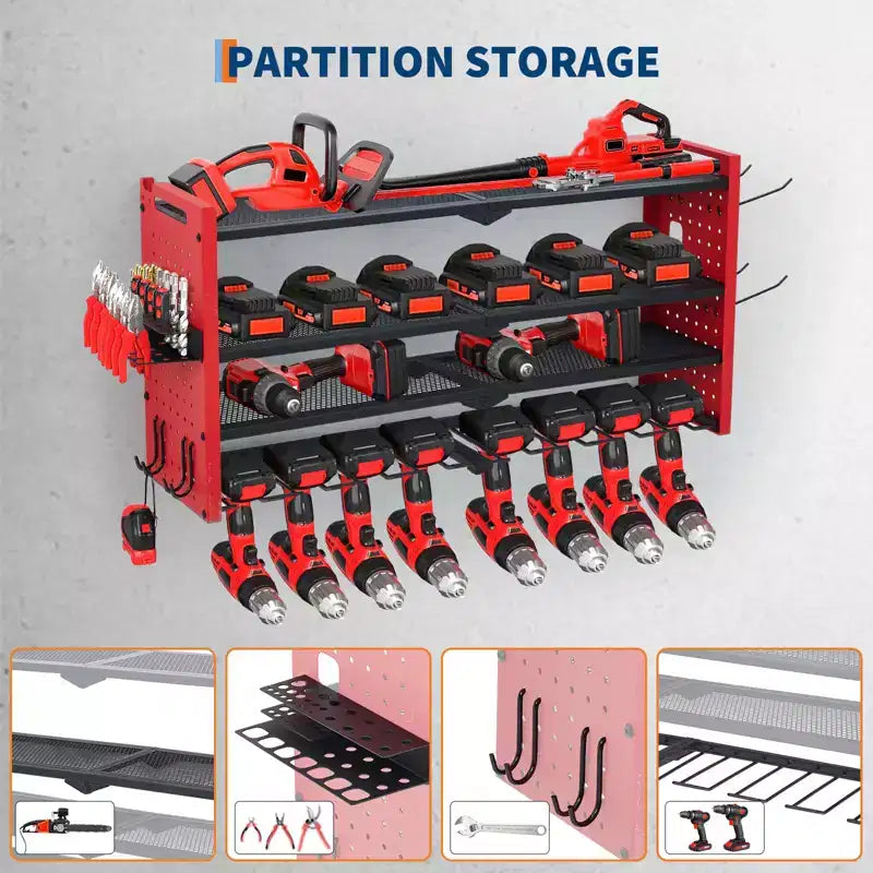 Support de rangement mural pour outils, rouge et noir, 3-4 niveaux, 4-8 fentes pour perceuses, utilisateur unique