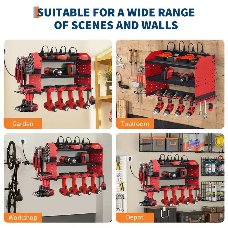 Support de rangement mural pour outils, rouge et noir, 3-4 niveaux, 4-8 fentes pour perceuses, utilisateur unique