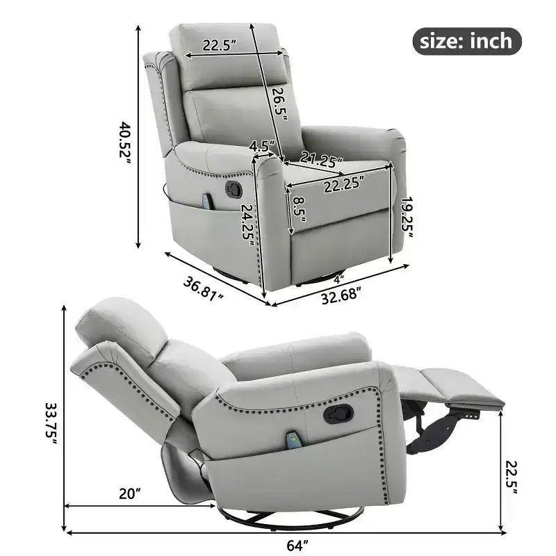 Fauteuil inclinable, pivotant et berçant en similicuir PU marron/gris avec fonction massage, 1 place