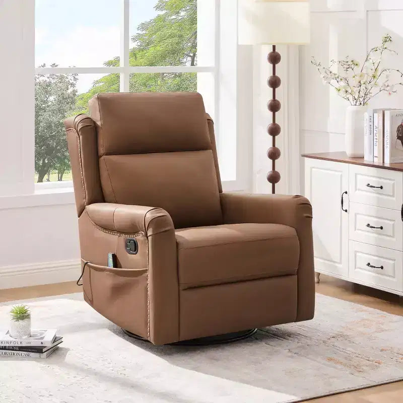 Fauteuil inclinable, pivotant et berçant en similicuir PU marron/gris avec fonction massage, 1 place