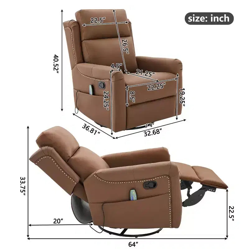 Fauteuil inclinable, pivotant et berçant en similicuir PU marron/gris avec fonction massage, 1 place