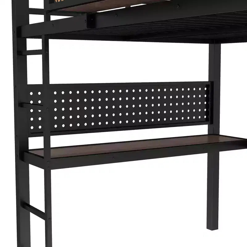 Lit mezzanine en métal noir avec bureau et rangement – Twin XL / Double, 1 personne