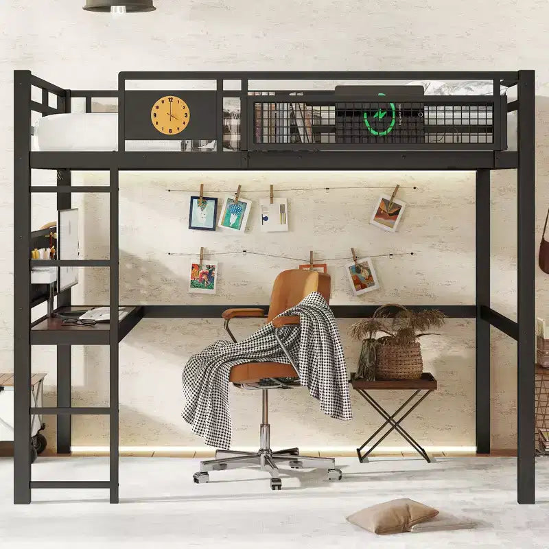 Lit mezzanine en métal noir avec bureau et rangement – Twin XL / Double, 1 personne
