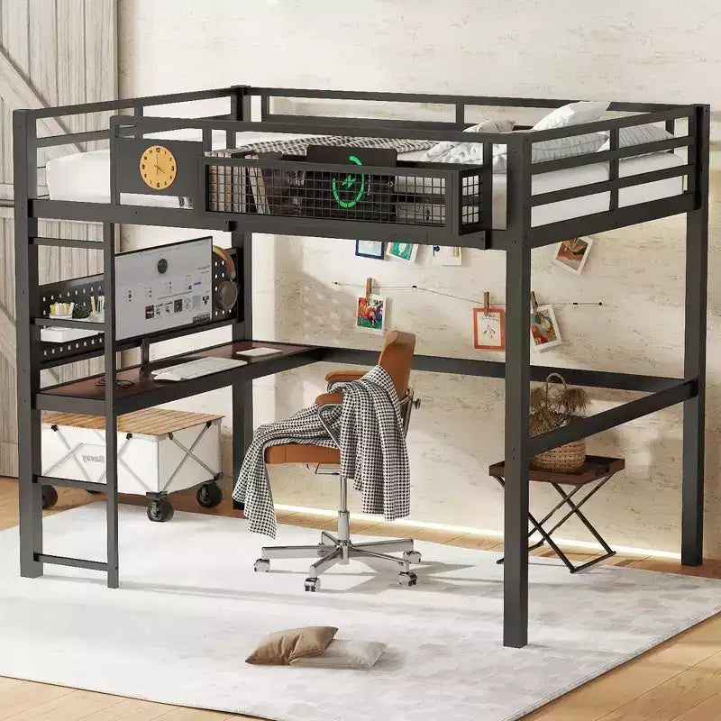 Lit mezzanine en métal noir avec bureau et rangement – Twin XL / Double, 1 personne