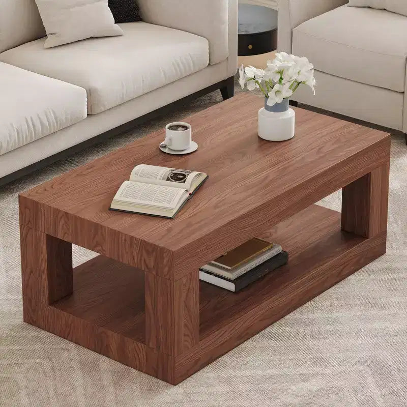Table basse rectangulaire marron à 2 niveaux en MDF, piètement colonne, jusqu'à 6 places