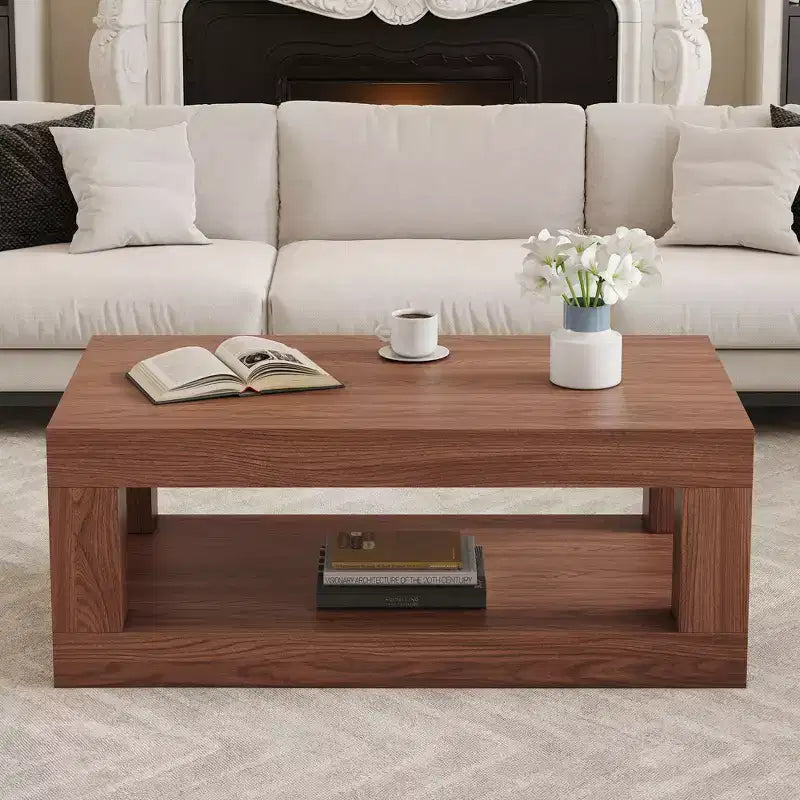 Table basse rectangulaire marron à 2 niveaux en MDF, piètement colonne, jusqu'à 6 places