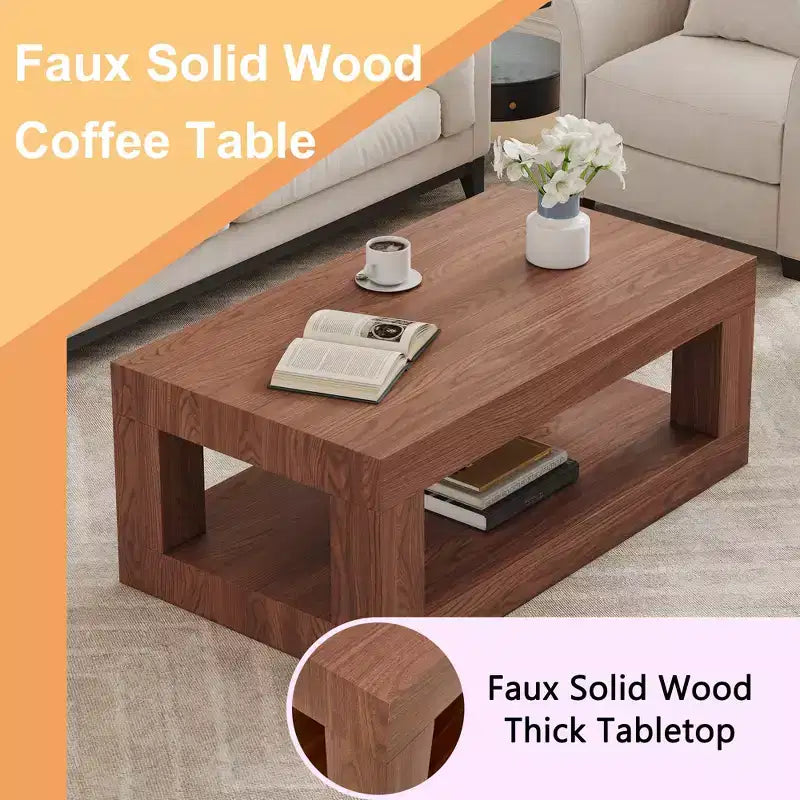 Table basse rectangulaire marron à 2 niveaux en MDF, piètement colonne, jusqu'à 6 places