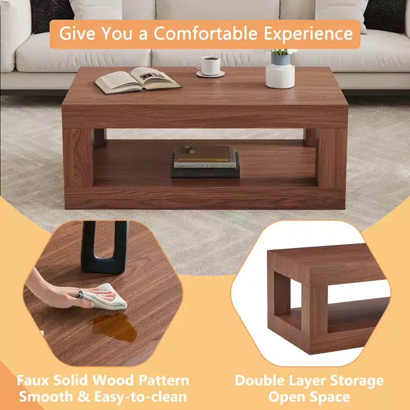 Table basse rectangulaire marron à 2 niveaux en MDF, piètement colonne, jusqu'à 6 places