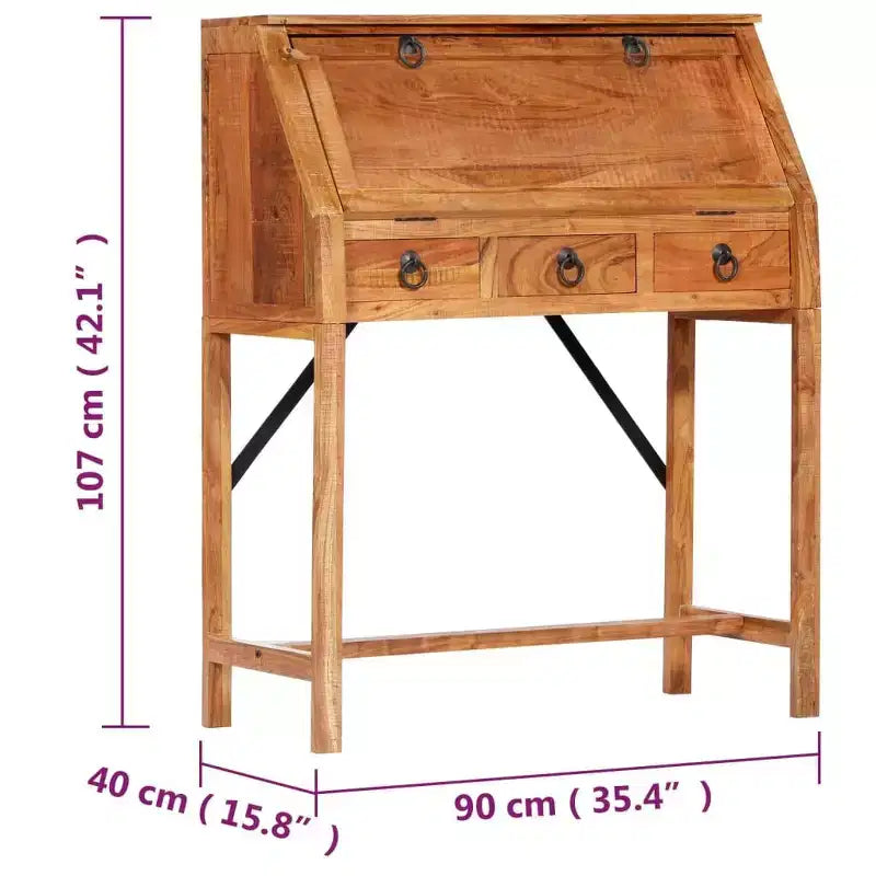 Bureau d'écriture rectangulaire en bois d'acacia massif brun, 1 personne