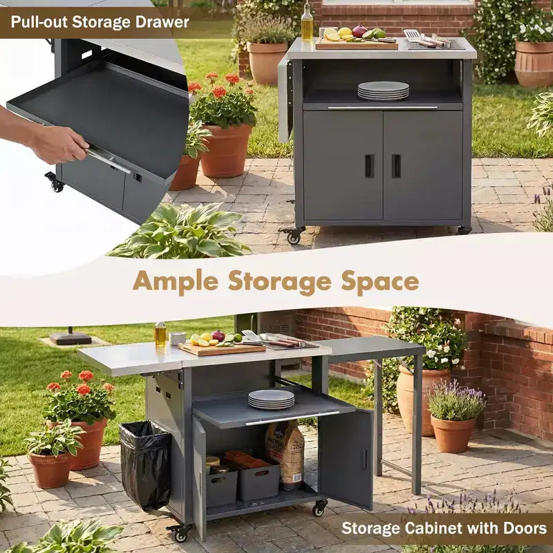 Chariot de préparation pour barbecue extérieur pliable noir/gris, 2 portes, pour 1 personne