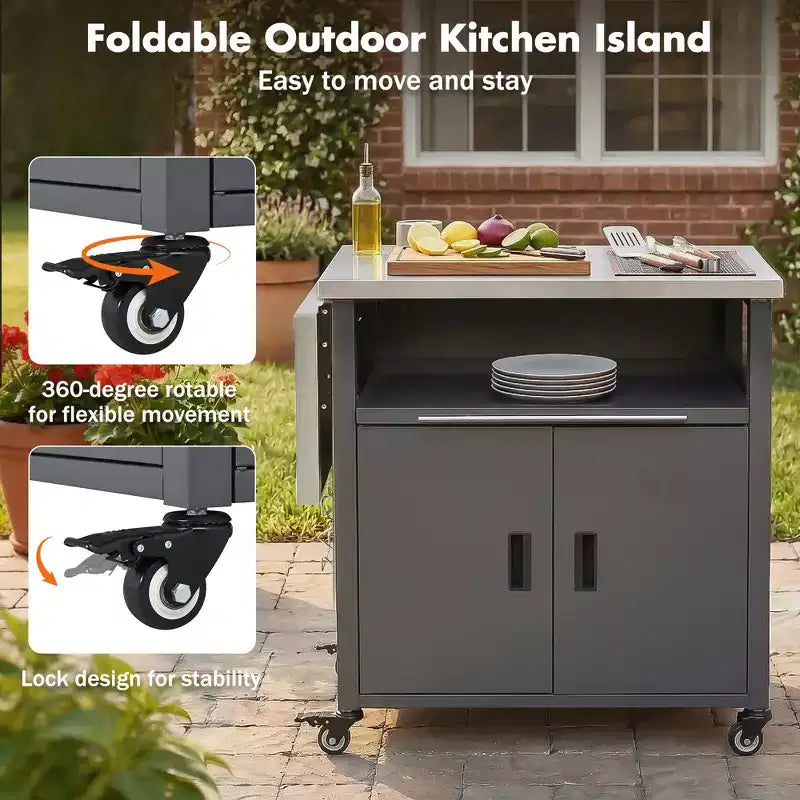 Chariot de préparation pour barbecue extérieur pliable noir/gris, 2 portes, pour 1 personne