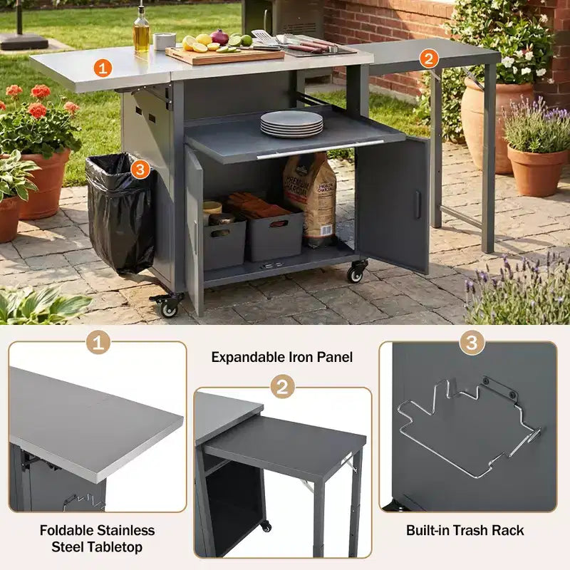 Chariot de préparation pour barbecue extérieur pliable noir/gris, 2 portes, pour 1 personne
