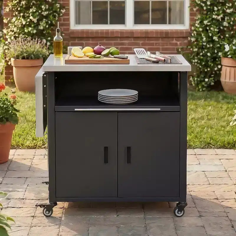 Chariot de préparation pour barbecue extérieur pliable noir/gris, 2 portes, pour 1 personne