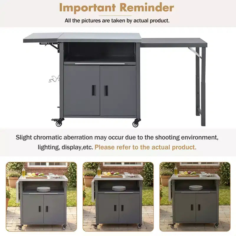 Chariot de préparation pour barbecue extérieur pliable noir/gris, 2 portes, pour 1 personne
