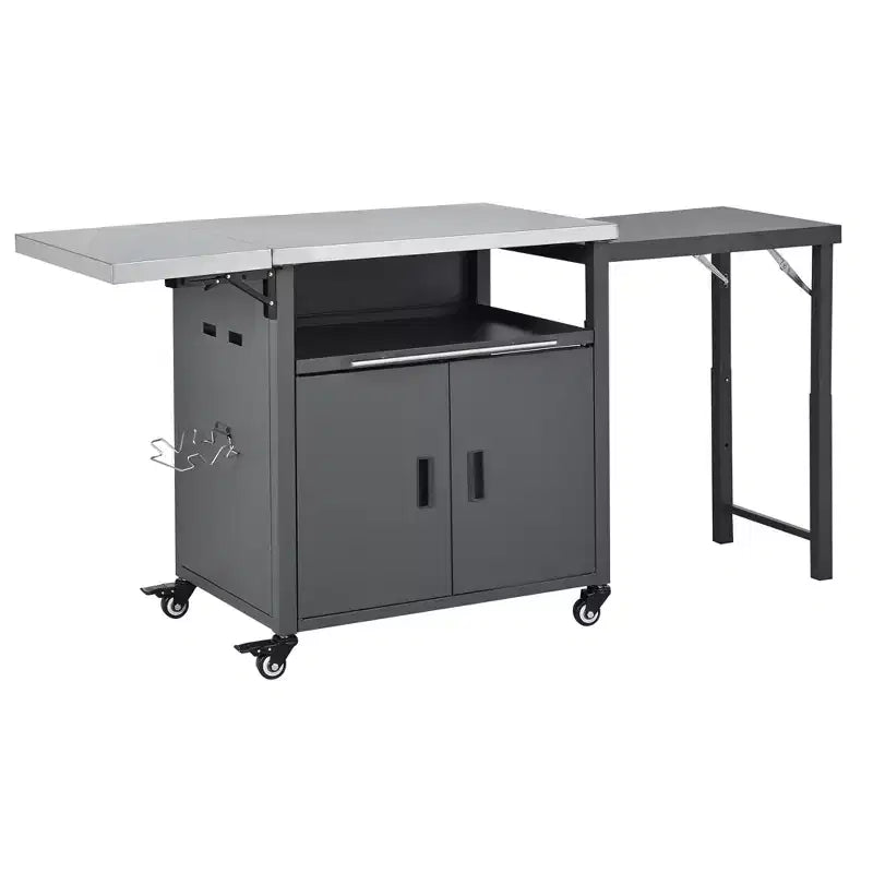 Chariot de préparation pour barbecue extérieur pliable noir/gris, 2 portes, pour 1 personne